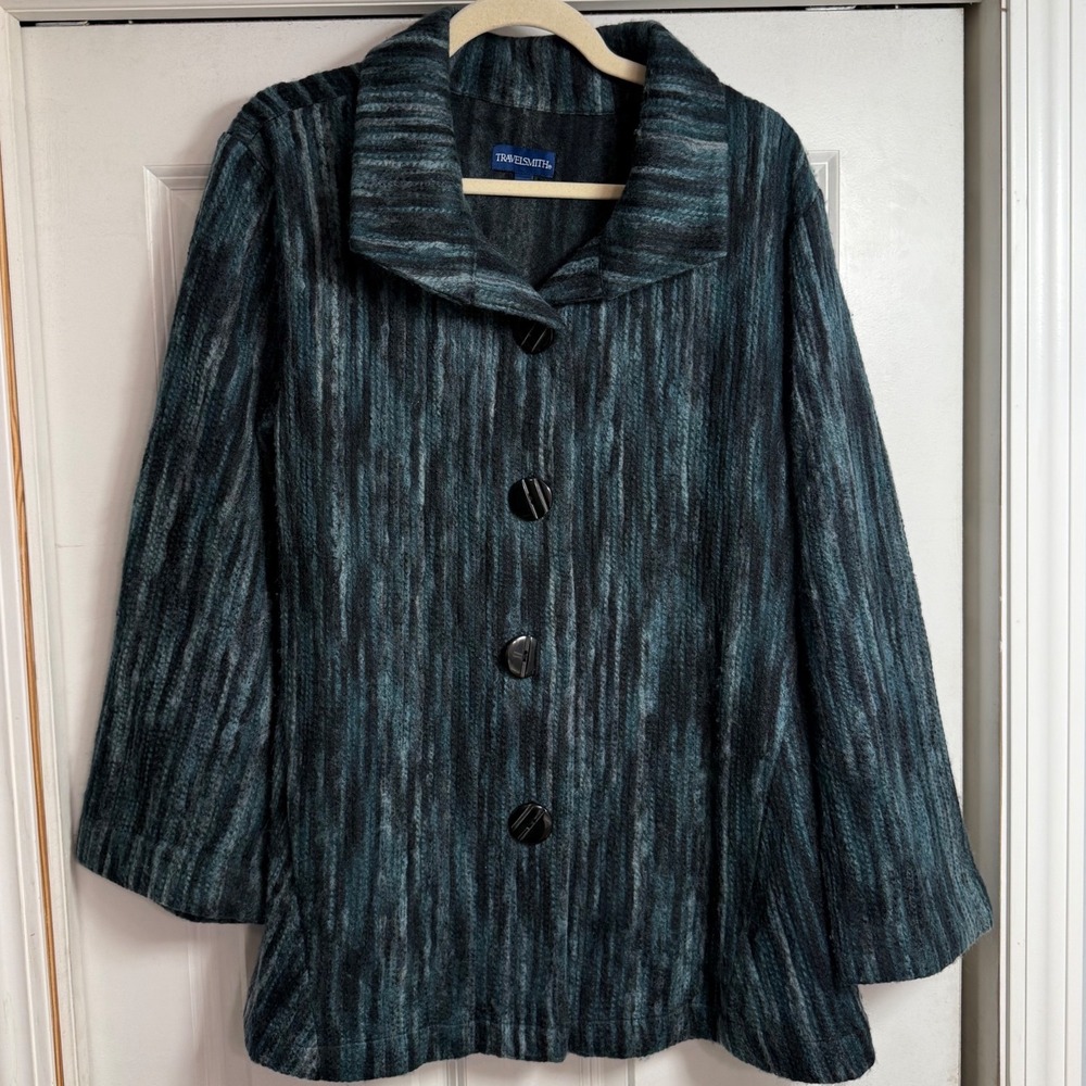 TravelSmith Womens Large Teal Blue Space Dye Button Front Collared Jacket